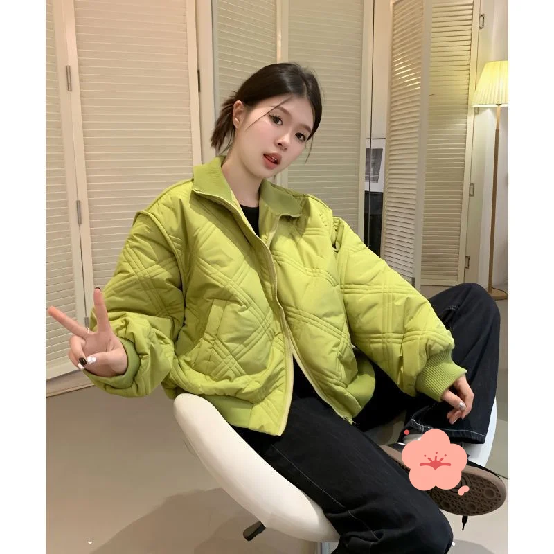 

Women Winter Coat Stand Collar Diamond Quilted Green Cotton Coat New Design Ins Trendy Warm Jacket Outerwear For Women Autumn