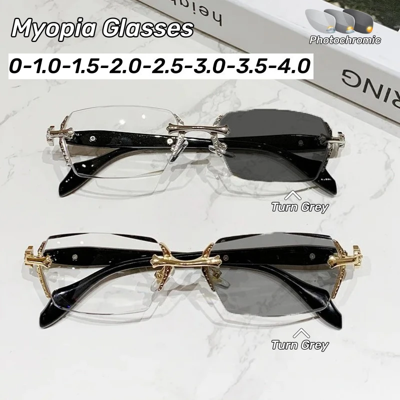 

Fashionable Photochromic Myopia Glasses Ultra-light Metal Frameless Luxury Brand Glasses Women's Eyepieces Diopter 0 To -4.0