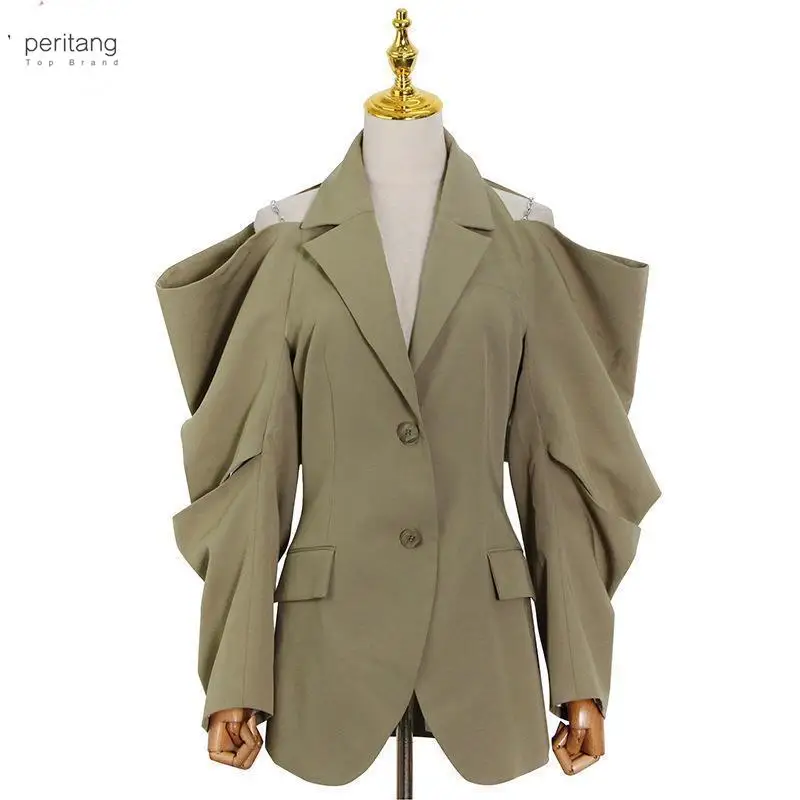 

Solid Fold Pleated Women Coat Notched Long Sleeve Gathered Waist Cut Out Women's Blazer 2024 Fashion Clothing New