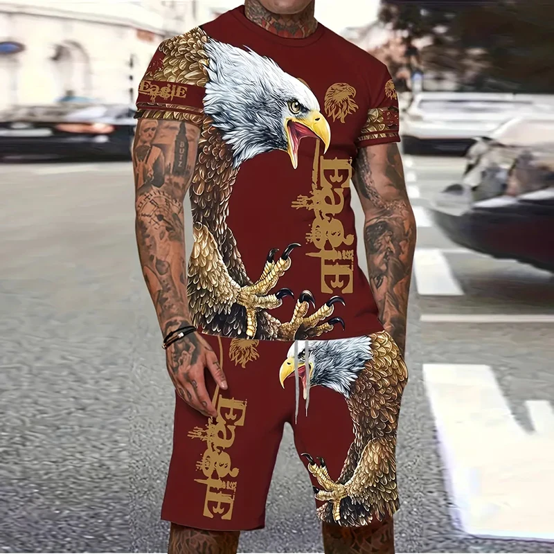 2025 Fashion Men's Suit Printed Vintage Eagle Pattern Summer Casual Breathable Sports Running Suit Oversized Men's Top Y2K Style