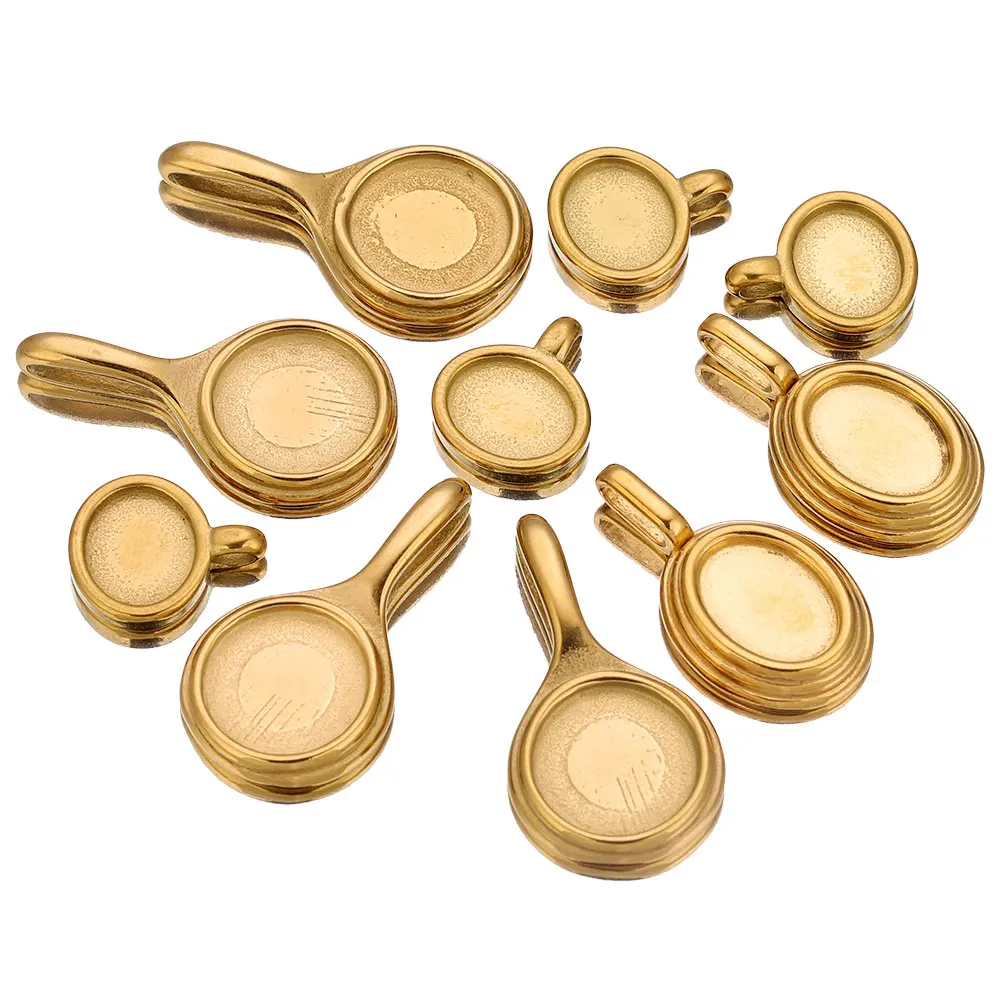 5pcs Stainless Steel Gold Round Oval Bezel Charm Pendant Trays Blank Cabochon Base Diy Resin Cameo Jewelry Making Supplie Crafts