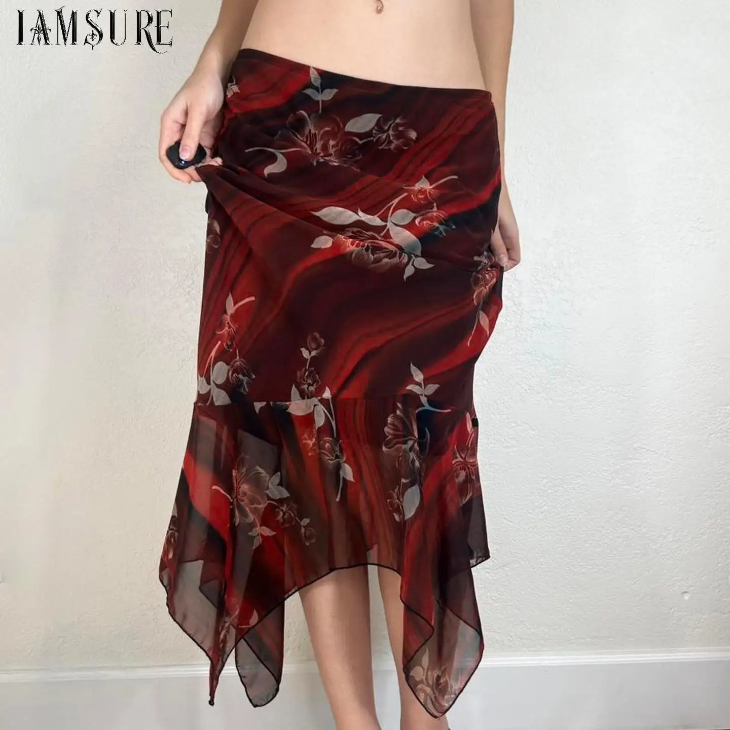Bohemian Floral Print High Low Wrap Skirt Elegant Asymmetric Hem Casual Party Dressy Skirt Mesh Patchwork Flower Pattern Beach