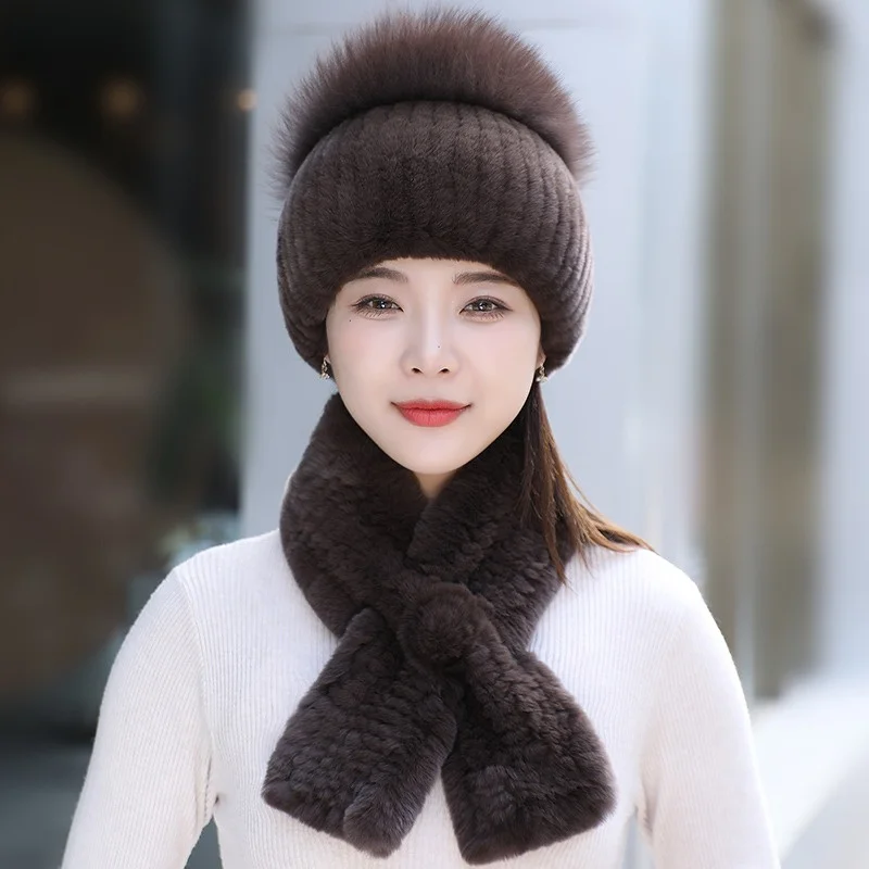 New hat Rex rabbit hair hat fox hair hair princess hat scarf two-piece set Korean version fashionable and versatlie