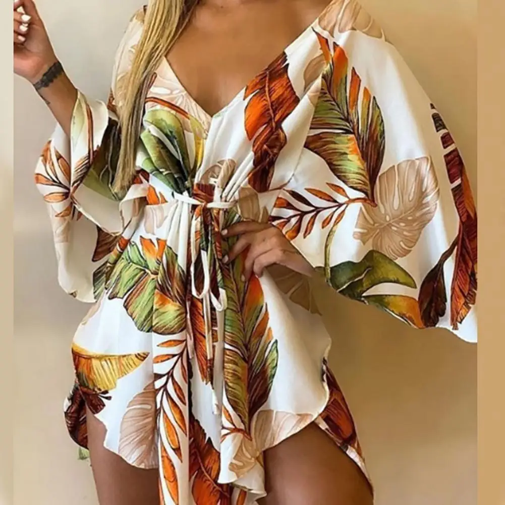 

Irregular Batwing Sleeve Women Short Dress Asymmetrical Hem Mini Dress Tropical Print Sexy Tie Front V Neck Women Beach Dress