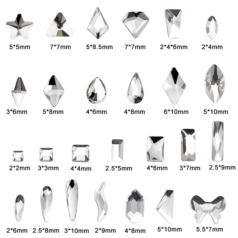 wholesale100pcs White Clear different shaped Crystal Sleek Rhinestone 3D Manicure Nail Art Decoration Charms Jewelry