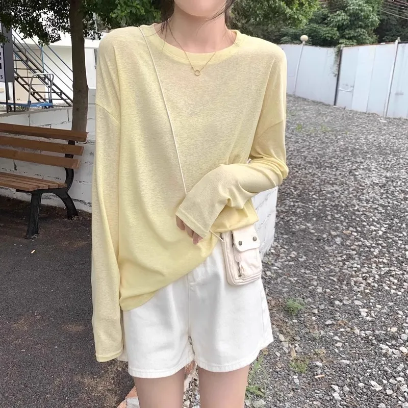 

Sun Protection Long-sleeved T-shirt for Women in Spring and Summer Simple Lazy Style Loose Round Neck Pullover Hoodie Yellow Top