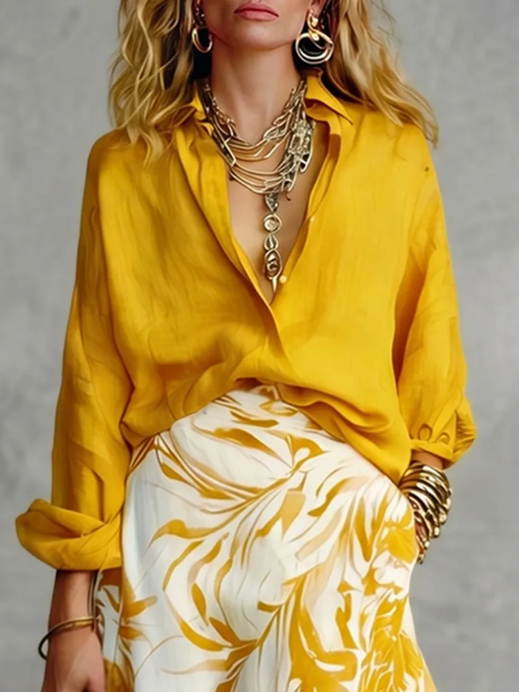 

UOOZEE Women's Loose Buttoned Solid Color Lapel Blouses 2026 New Long Sleeves Urban Casual Office Minimalist Yellow Shirts Tops