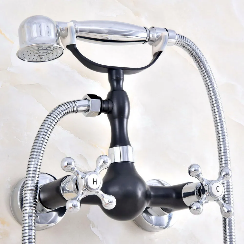 

Black Oil Rubbed & Chrome Brass Wall Mounted Bathtub Faucet with Handheld Shower Set +1500MM Hose Mixer Tap 2na608