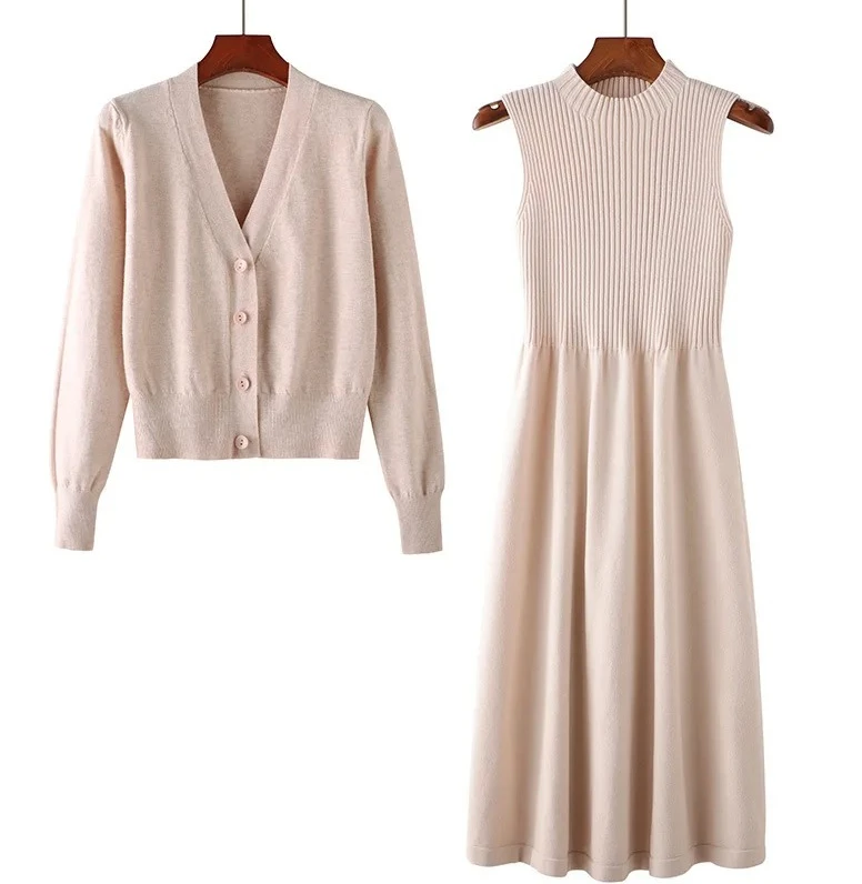 

New spring and autumn long-sleeved v-neck top two-piece suit sweater dress wild loose knit cardigan women