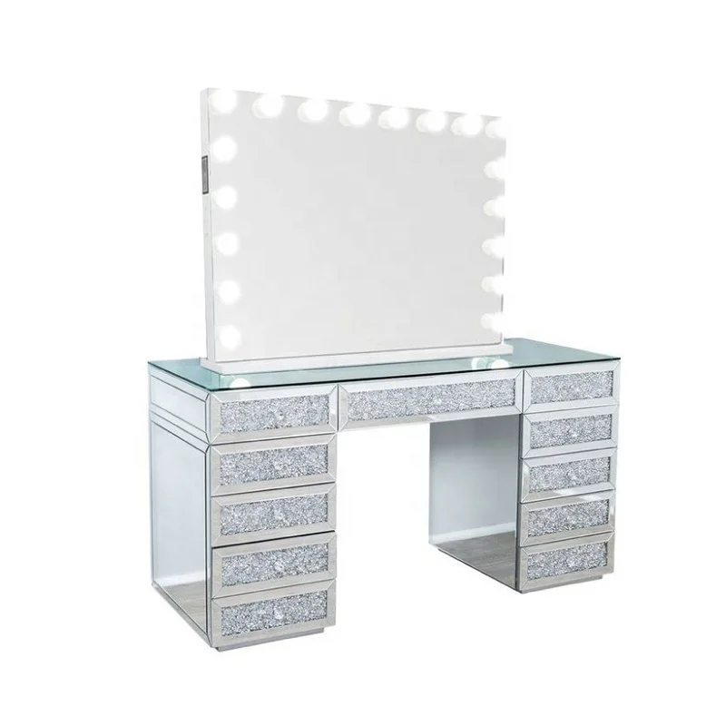 Sparkly Diamond Crushed Bedroom Furniture Girls Glass Top Vanity Dressing  Table With Lighted Mirror - AliExpress 1503