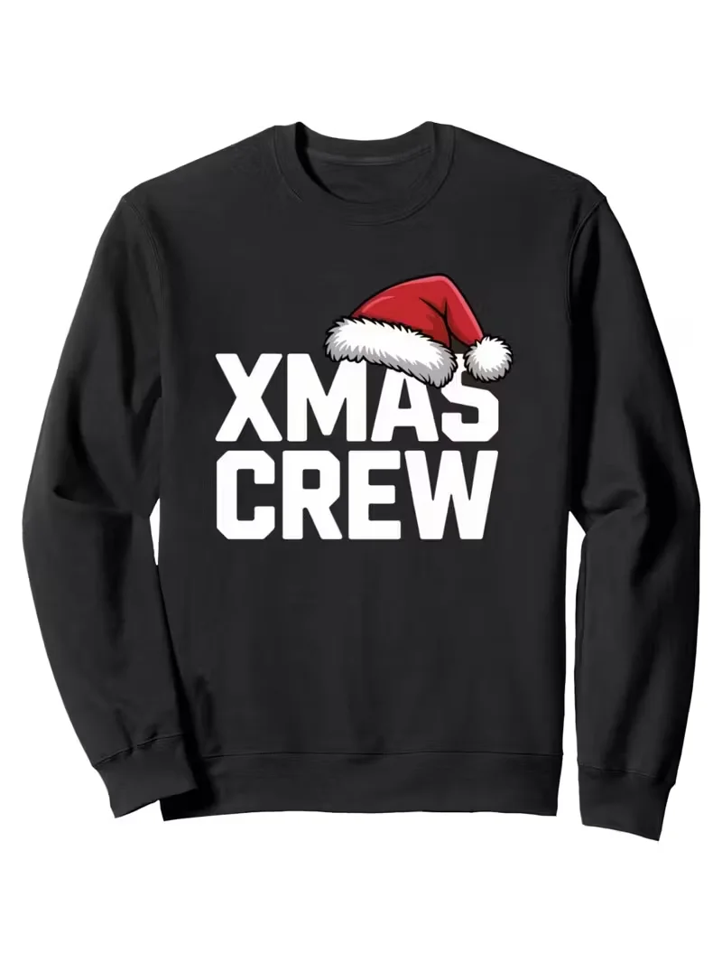 سويت شيرت رجالي برقبة دائرية، طباعة جرافيك مضحكة، هوديي برقبة دائرية للشارع الأسود للارتداء اليومي الكاجوال، أكمام طويلة لعيد الميلاد