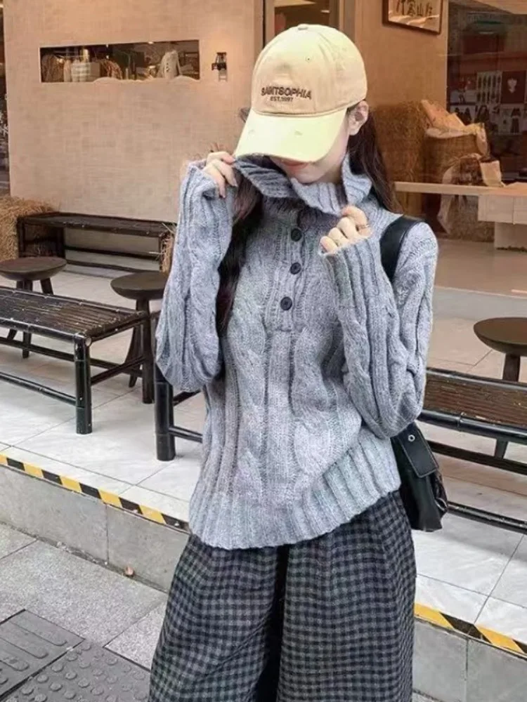 Loose Women's High Collar Sweater Autumn Winter Knitted Wear Sweet Sle Ci Walk Polyester Fiber Long Sve Thiened Inne...