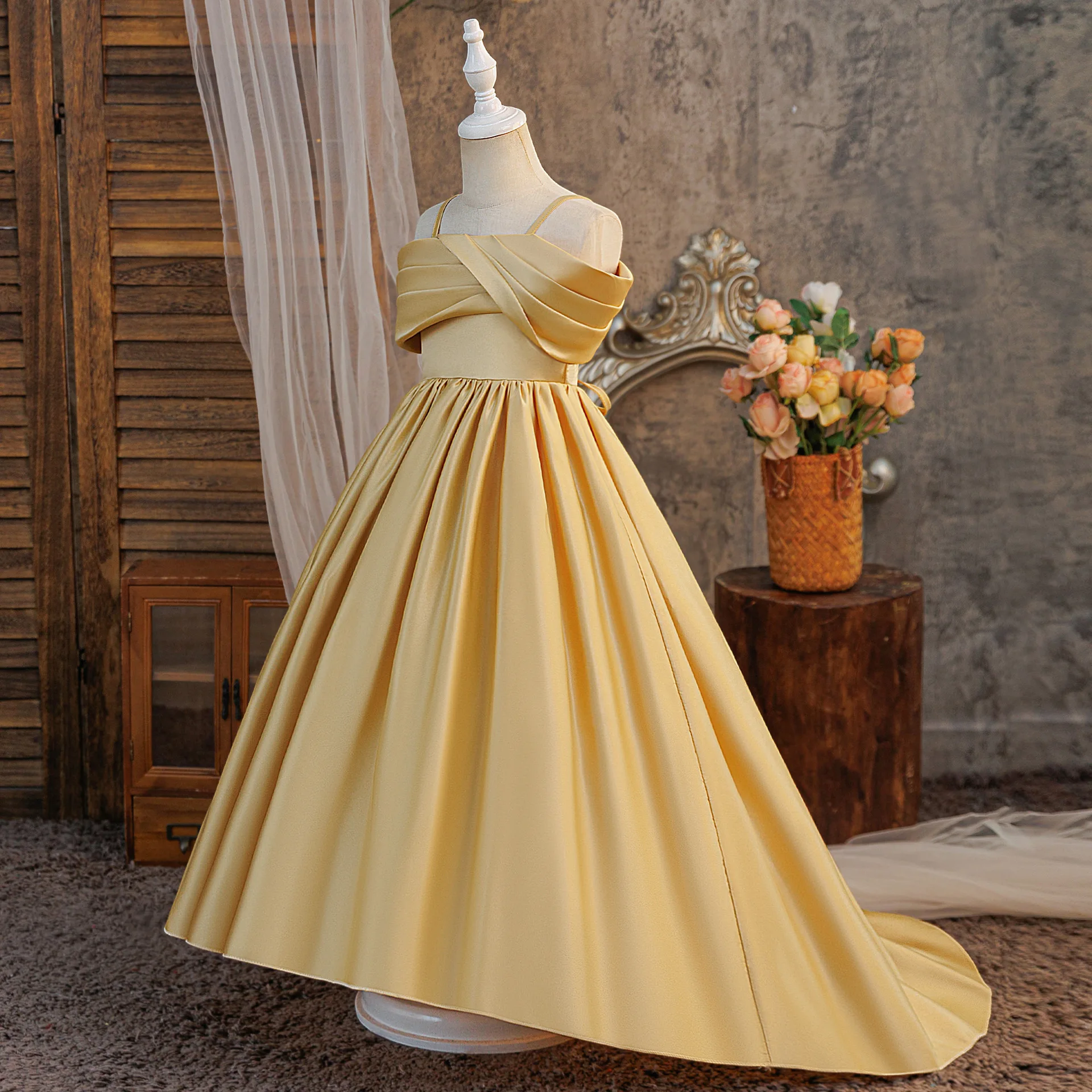 Girl First Communion Evening Gown Elegant Satin Trailing  Girls Wedding Bridesmaid Prom Dress Teenage Girls Evening Party birthd