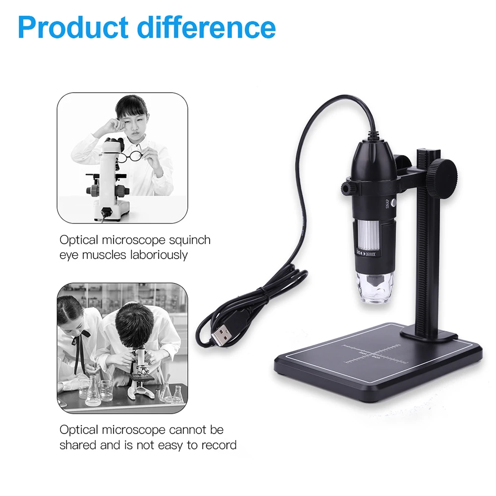 2MP Video Microscopes 1600X USB Digital Microscope with 8 LED & Lift Stand HD Inspection Camera for  Win10 Win8 Win7