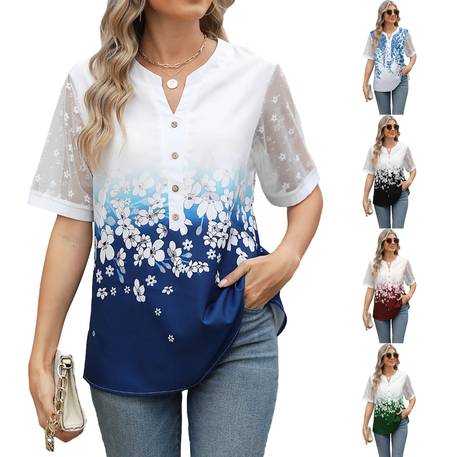 

Summer Shirts Women Lace Patchwork Short Sleeve Blouse Flower Print Clothing Fashion Street Casual Daily V-Neck Button Tops 2025