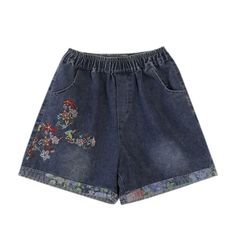 New Denim Shorts For Women Summer Casual Floral Embroidery Loose Fitting Retro Women\'s Clothing Harem Shorts Jeans