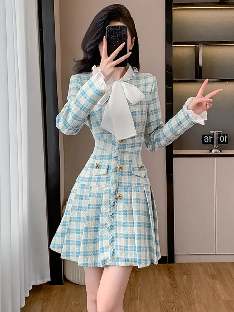 Elegant Bow Single-Breasted Plaid Pleated Waist-Fitted Dress 2024Autumn Feeling Bow-Tied Long Sleeve Button-Up Casual Prom Gowns