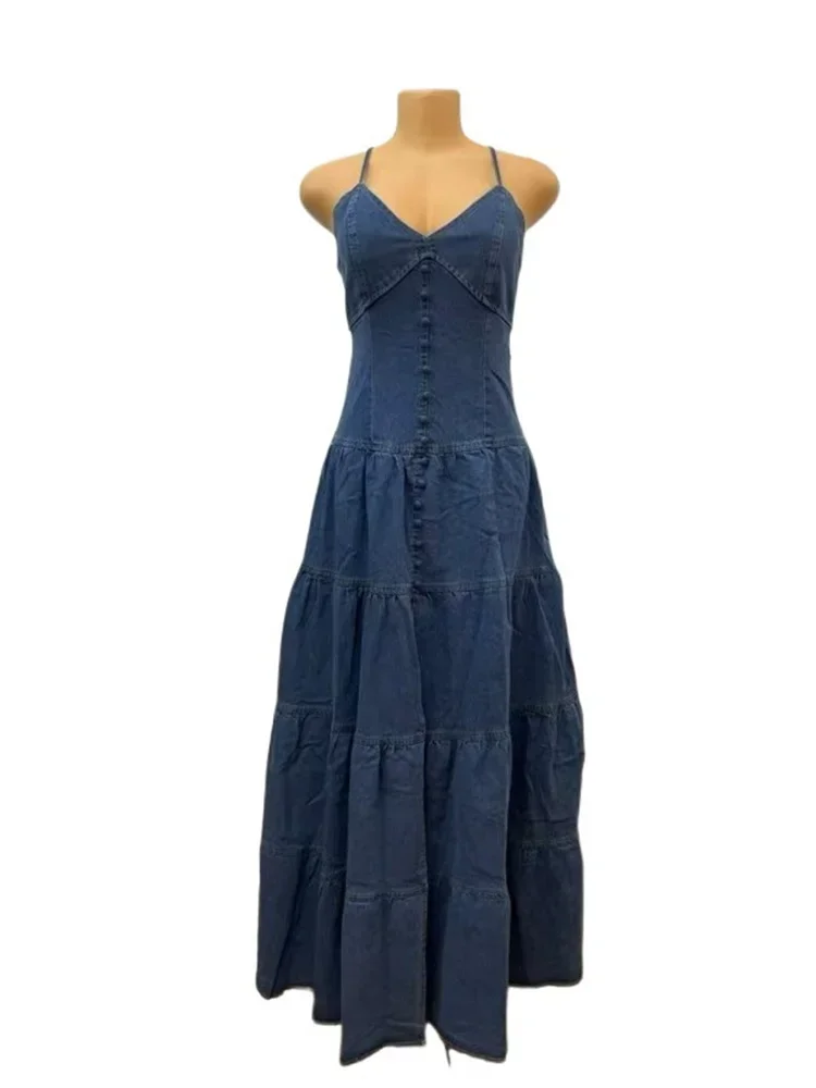 

Denim Dresses for Women 2025 Elegant New Sweet Sexy Deep V Neck Halter Bandage Belt Long Dress Wholesale Dropshipping