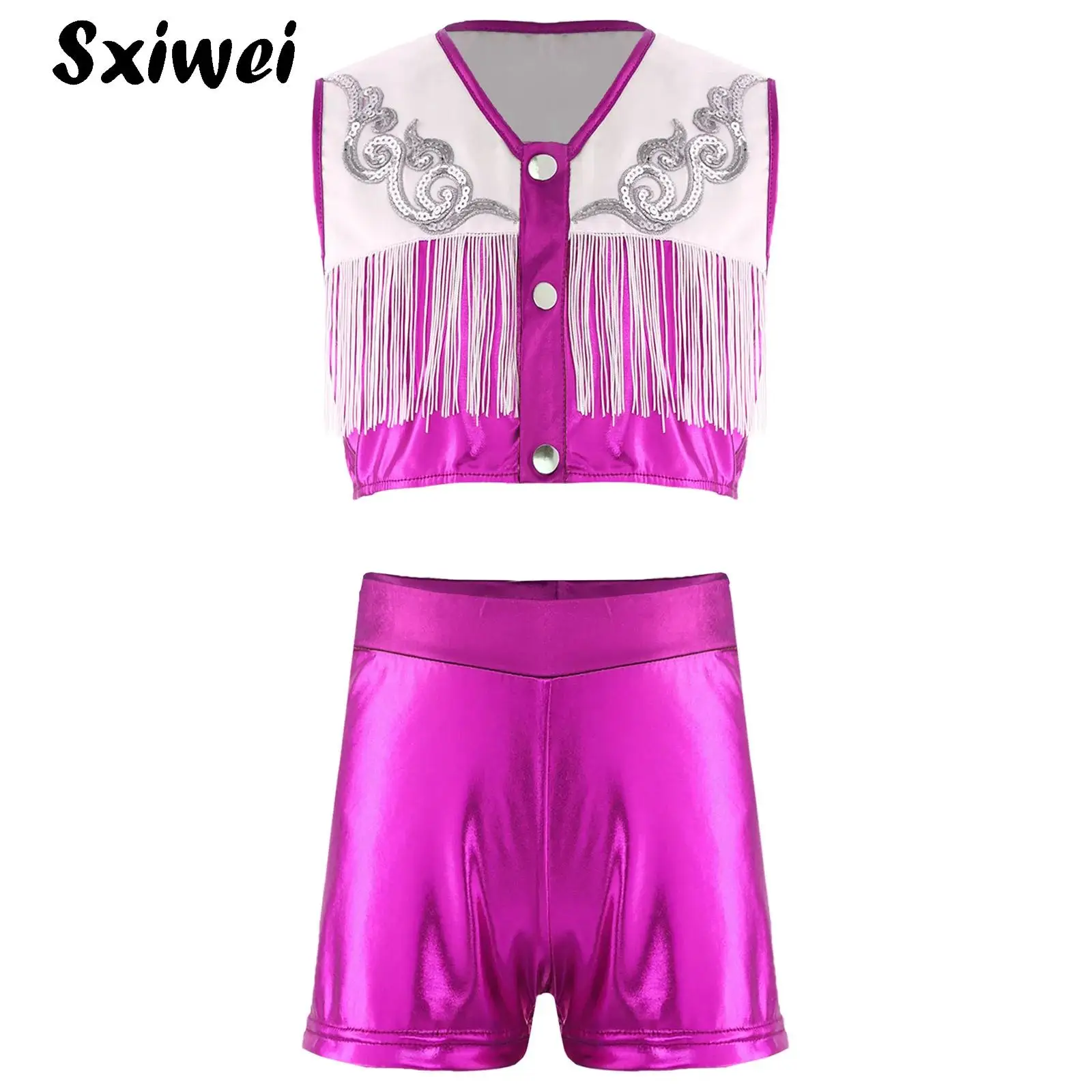 Halloween Cowgirl Dress Up Outfit Western Cowboy Cheerleading Costume Metallic Shiny Sequins Sleeveless Fringed Top And Shorts