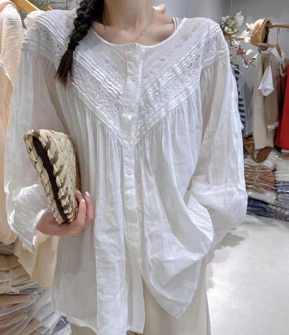

BOLATU Women's Cotton Linen Shirt Spring 2026 Loose Long Sleeve Lace Patchwork Design Sweet Style round Neck Button Detail