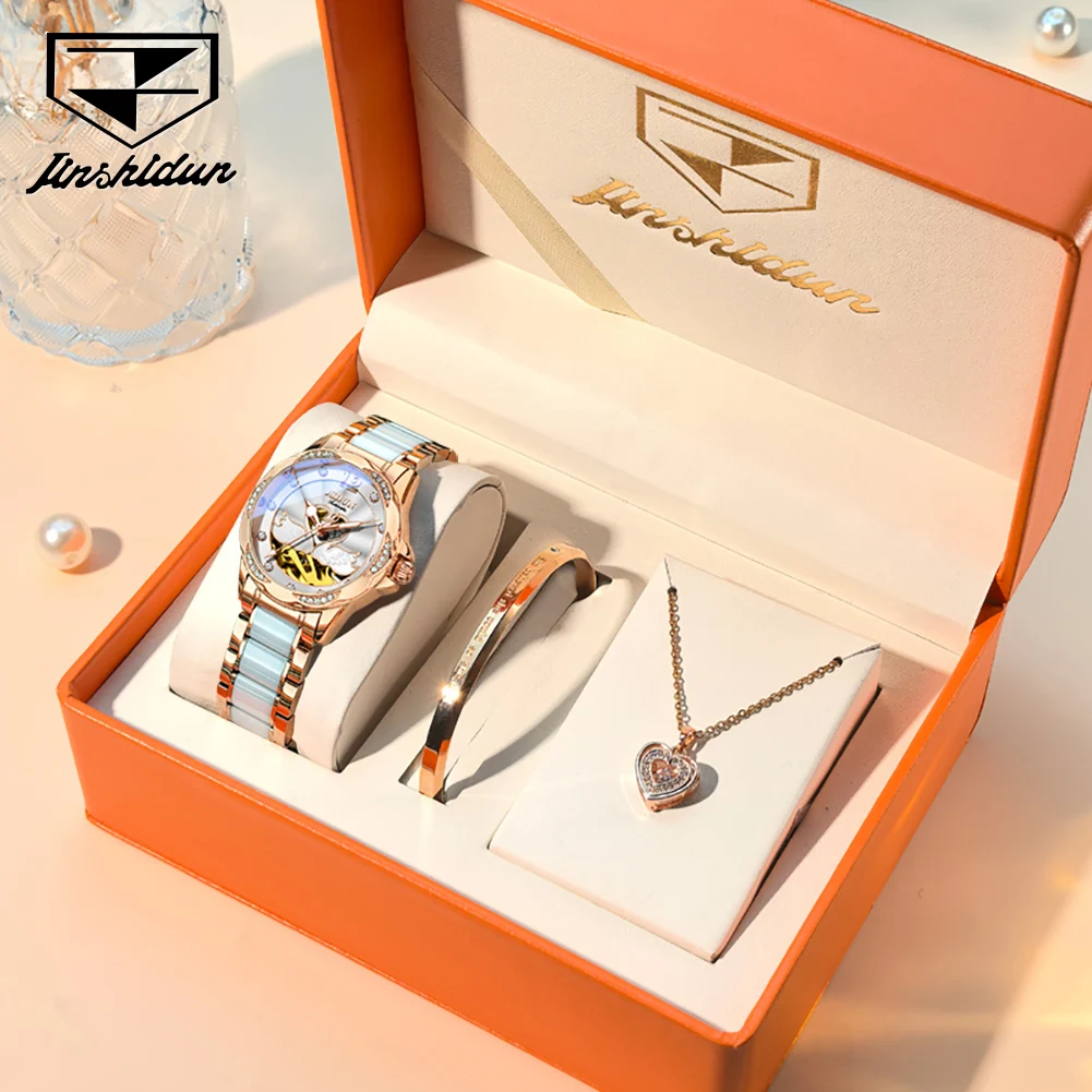 JSDUN Women Watch Mechanical Watch Ceramics Strap Waterproof Luminous Luxury Elegant Original Ladies Watch Gifts Box 8831