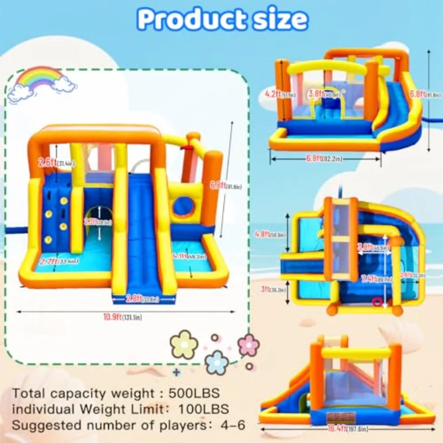 16.5x11FT Heavy Duty Bounce House Water Slide Combo for Big,Wet/Dry Split Play Zones, Bounce House with 2 Independent Slides, 2