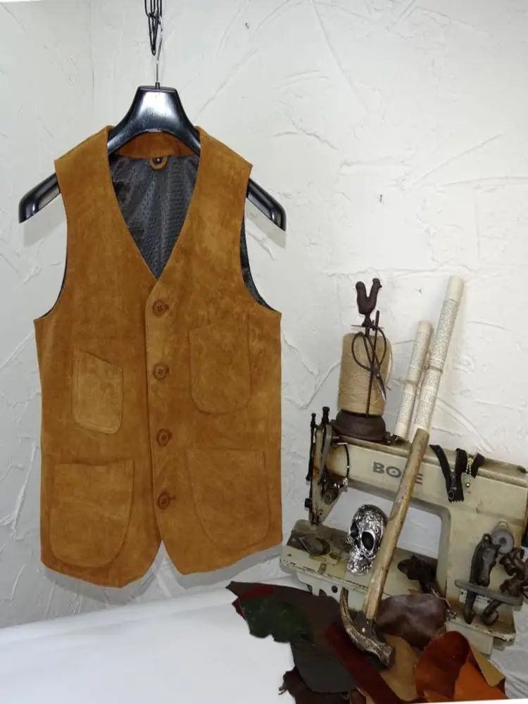 YR!Free shipping.men casual genuine leather vest.cheap heavy cow suede vest.vintage slim clothes.