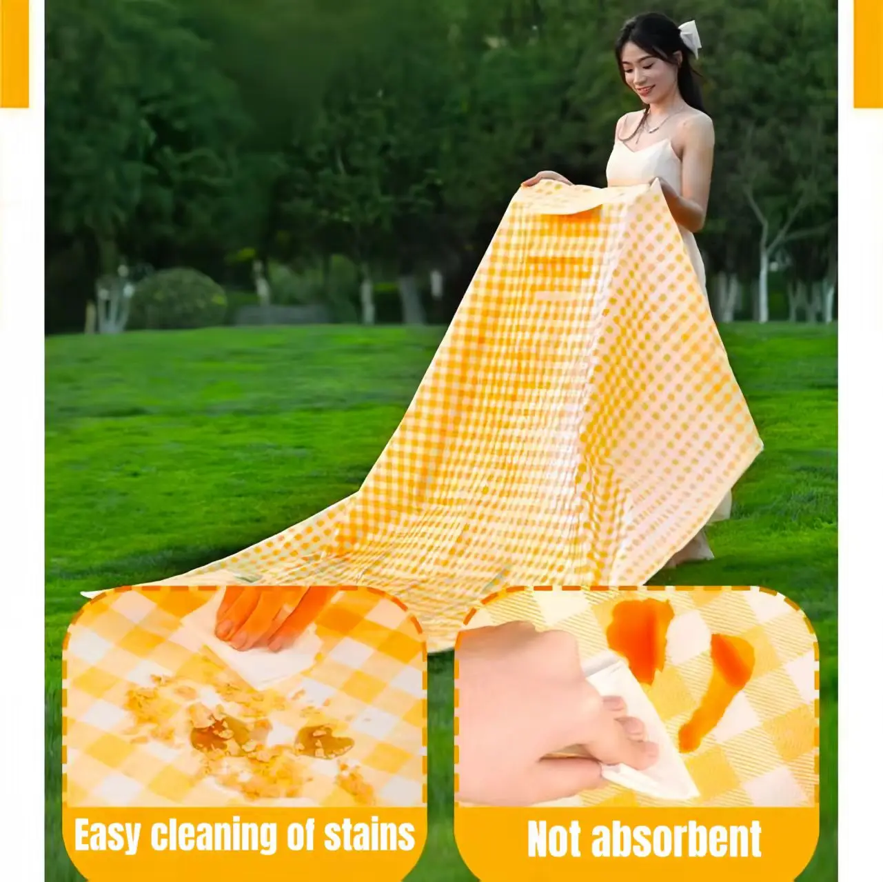 Lightweight Foldable Picnic MatLightweight Foldable Picnic Mat Woman unfolding a lightweight yellow waterproof picnic mat on grass