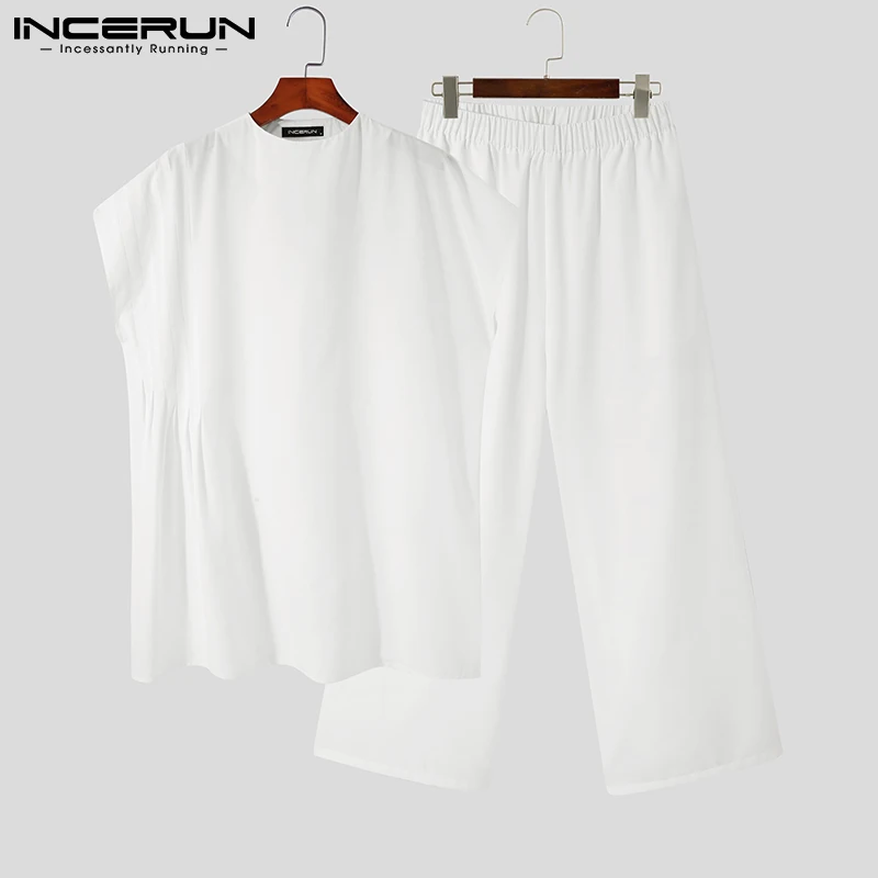 INCERUN Men Sets Muslim Clothing 2024 Loose O-neck Short Sleeve T Shirt & Wide Leg Pants 2PCS Solid Color Men Casual Suits S-5XL