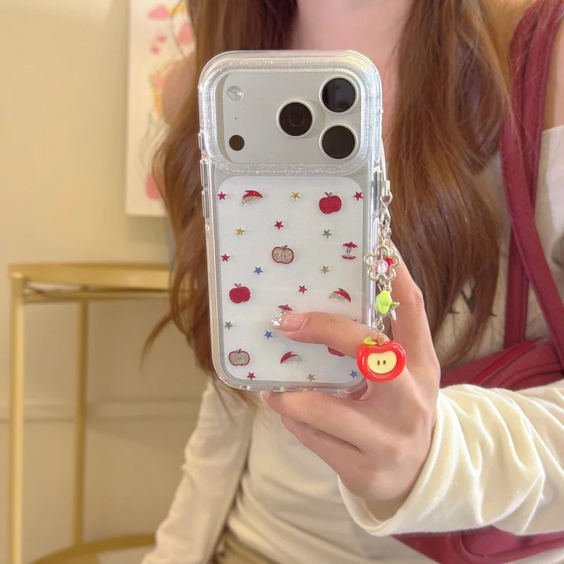 Clear Glitter Cute apple Star Pattern Phone Case For iPhone 17 Pro 16 15 Pro Max Cover with Pendant Acrylic Hard Cases For iPhon