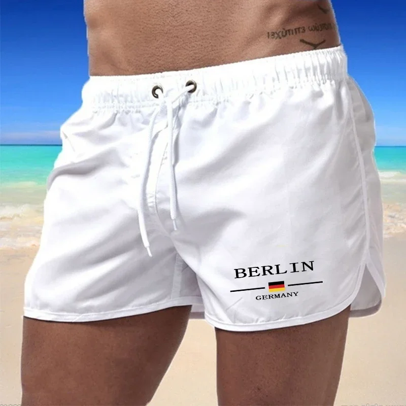 Men'S European Berlin Germany City Themed Letter Mark Drawstring Quick Dry Outdoor Swimming Beach Shorts