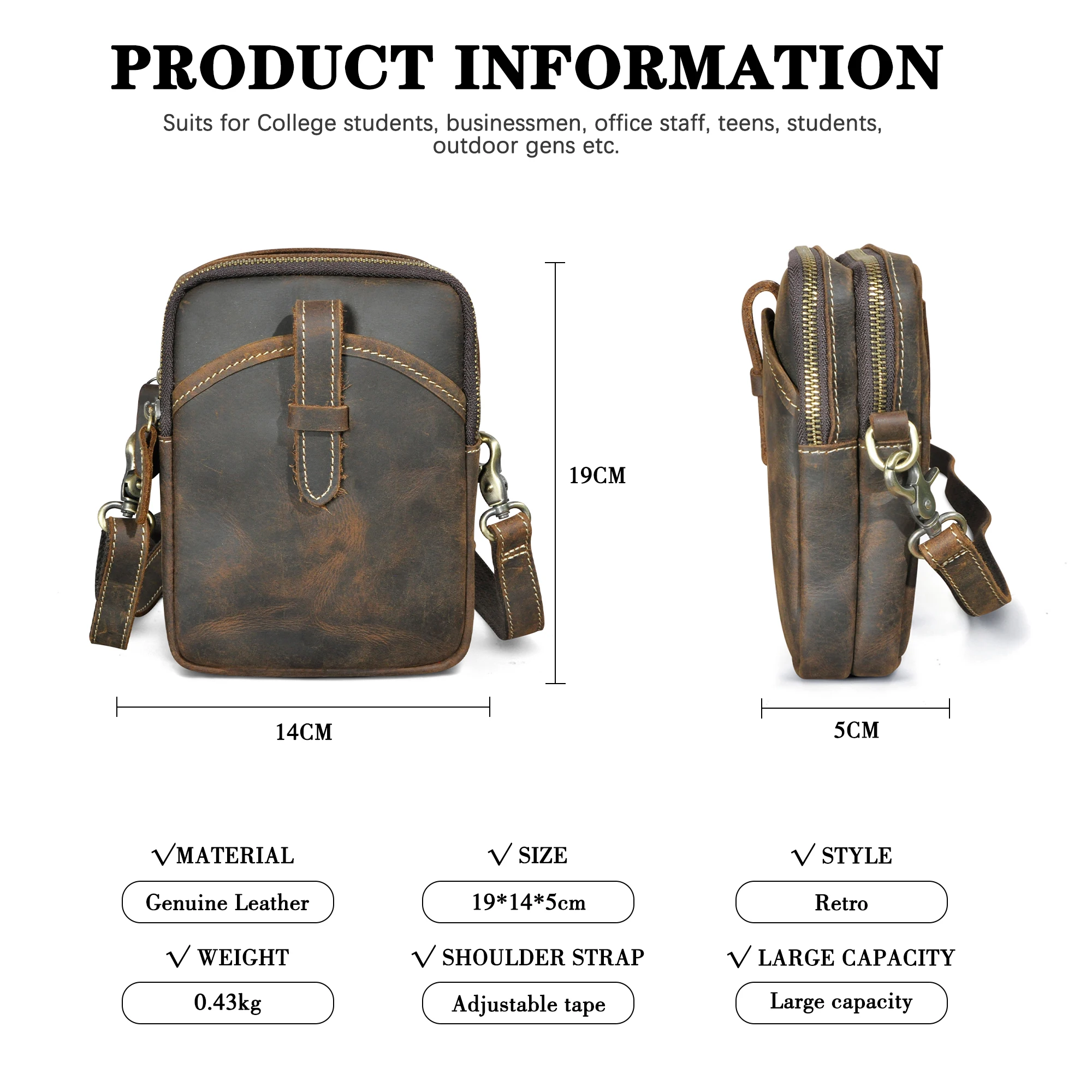 Grain Crazy Horse Leather Travel Retro Fanny Waist Belt Bag Chest Pack Sling Bag Design Phone Cigarette Case For Men Male 1275