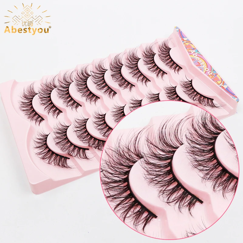 Abestyou lashes cat eyes criss-cross fluffy messy 9pairs thin strip mechero fake mink eyelashes makeup-utensilien wholesale bulk