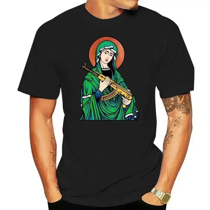 New Arrival Blessed Virgin Mary Madonna T-shirt Funny Kalashnikov Gun T Shirt Humor Graphic Printed Man Tops Streetwear Soft Tee