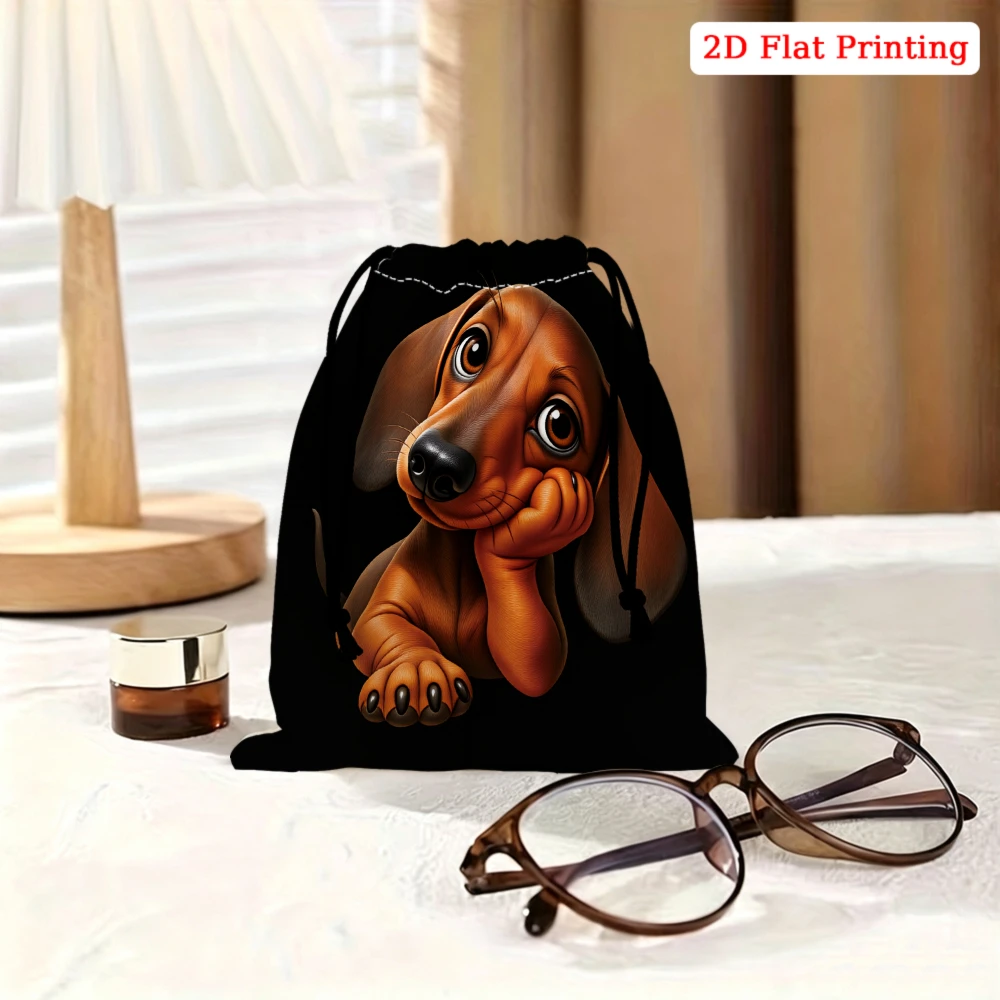 1pc Cartoon Dog Drawstring Bag Black Cute Puppy Print Storage Small Pouch For Travel Cosmetics Jewelry Organizer Portable Gift