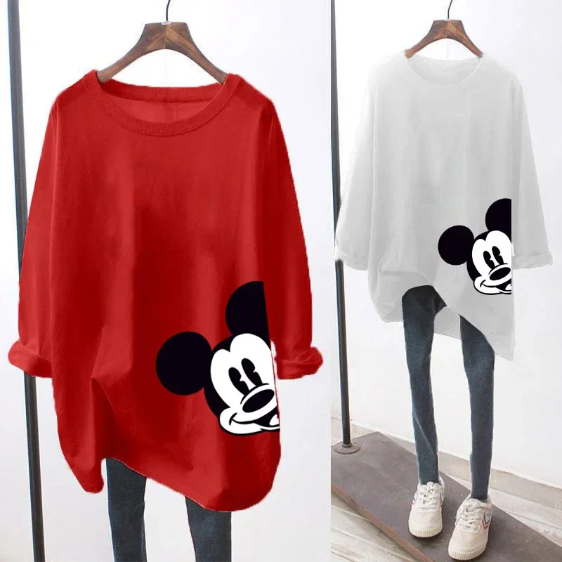 Disney Mickey T-shirt Summer Women Oversized Loose Half Sleeve T-shirt Anime Girl Female Mid Length Short Sleeve T-shirt Top