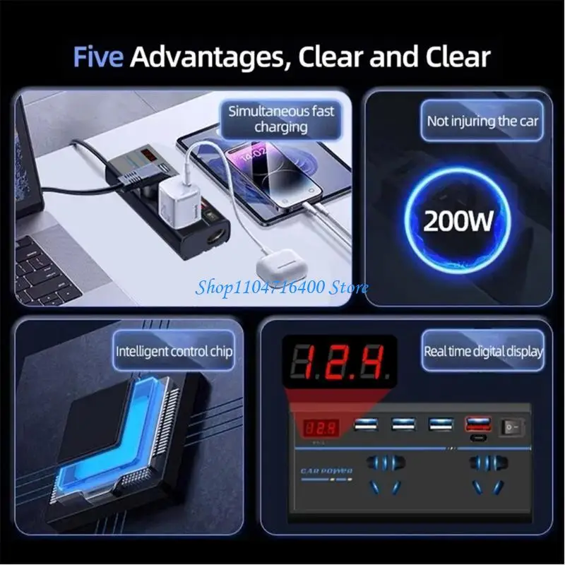 

y1gd Versatile Car Power Converter 12V/24V to 110V/220V Inverter Vehicle Chargers Durable Must Have for Travel Enthusiasts