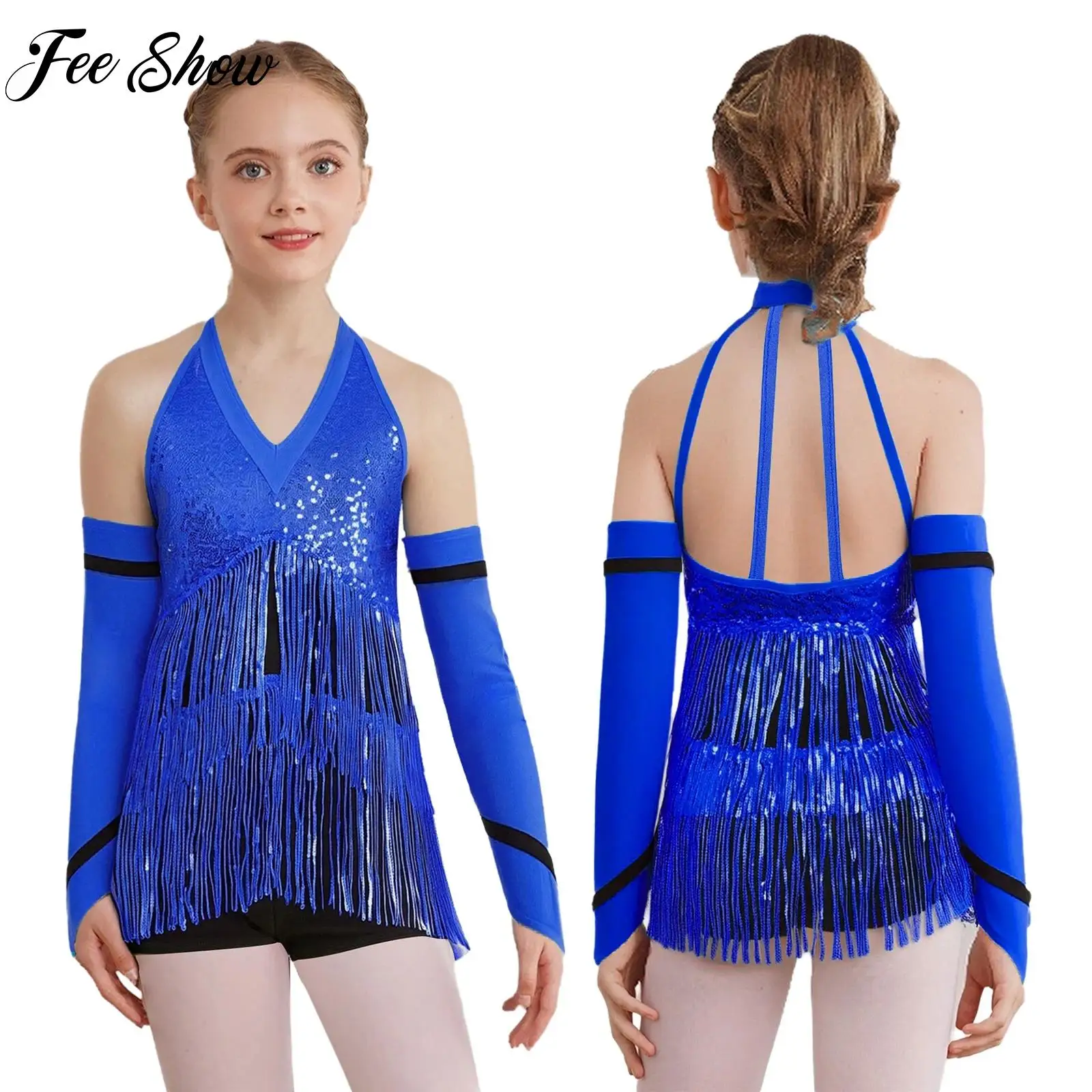 

Child Girls Latin Jazz Dance Outfit Skating Gymnastics Tango Cha-cha Dance Costumes Halter Sleeveless Sequins Leotard+Gloves Set