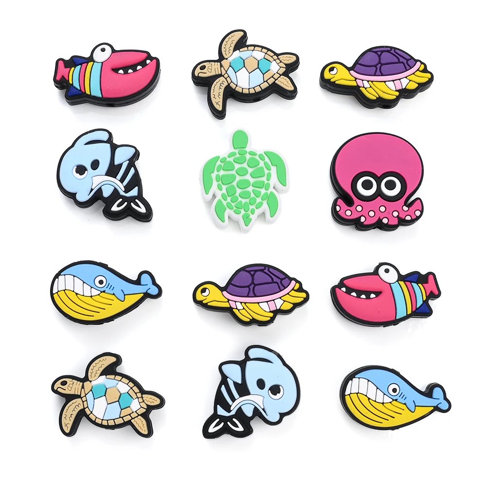 7Pcs Cartoon Sea Animals Silicone Beads Turtle Shark Cute Turtle Shark Fish Lobster Octopus Focal Beads for Diy Pens Keychain