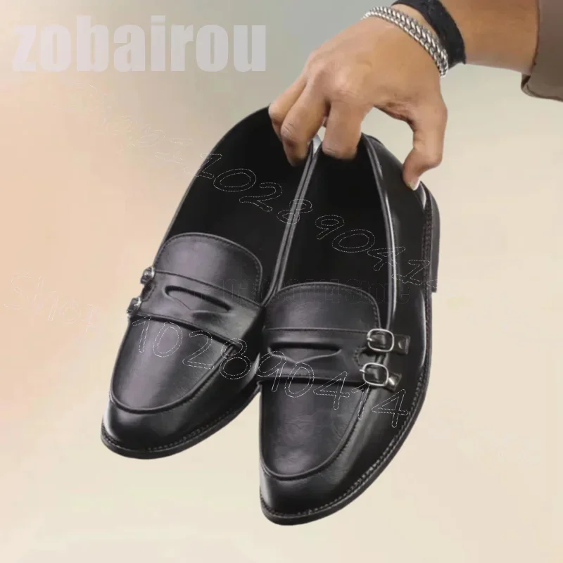 

Black Sewing Design Matte Leather Buckle Loafers Fashion Slip On Men Shoes Luxury Handmade Party Banquet Office Men Dress Shoes