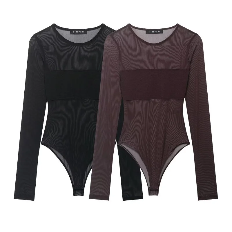 

Женское боди из прозрачной сетки с длинными рукавами для весны и лета, с покрытием грудной части, сексуальное и минималистичное, для модного образа