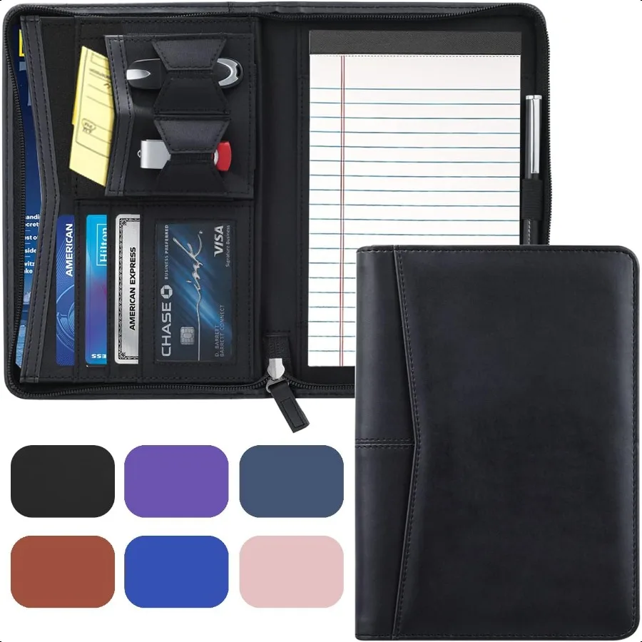 

Small Portfolio Organizer A5 Zippered Busin Portfolio Junior Padfolio Folder Binder for Women Men 5 x 8 Writing Pad Included Bl