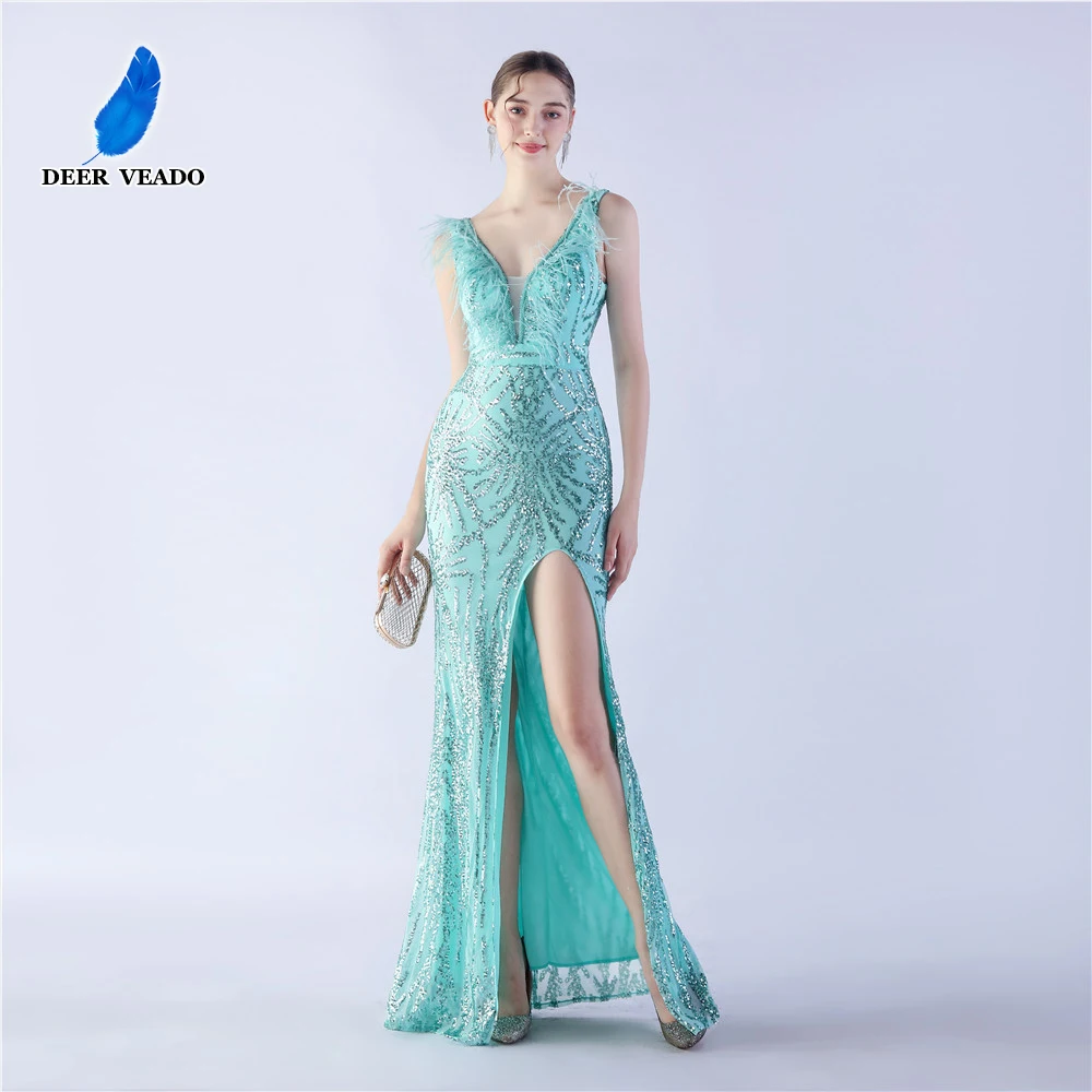 

DEERVEADO Luxury Beads Evening Dress with Feathers Women's Sexy Slit Party Dress for Special Events Formal Occasion Dresses