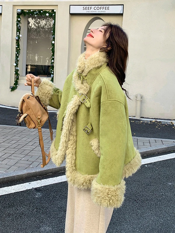 Damska kurtka z owczej wełny, bardzo ciepła, bawełniana bluzka, skórzana kurtka z futerkiem, nowość na jesień i zimę.