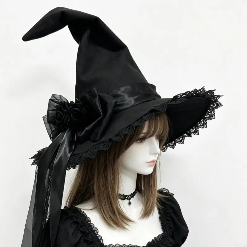 Ornate Costume Witch Hat with Lace-Trimmed Attached Bowknot Decors, Two Roses, and Long Ribbon Streamers for Parties 6XDA