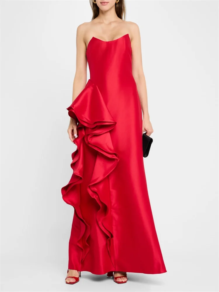 New Arrival Strapless Scoop Neckline Ruffles Sleeveless Satin Evening Dress Open Back Zipper Floor Length Gown For Women 2024