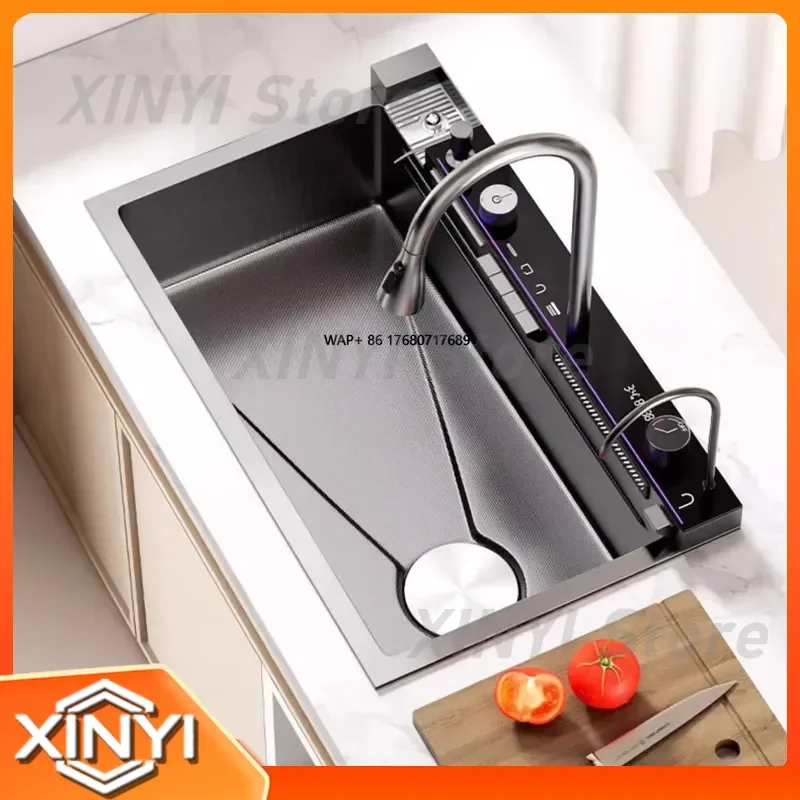 Waterfall LED Digital Display Pull-Out Faucet for Modern Luxury Kitchen Sink Stainless Steel 5mm Thickened