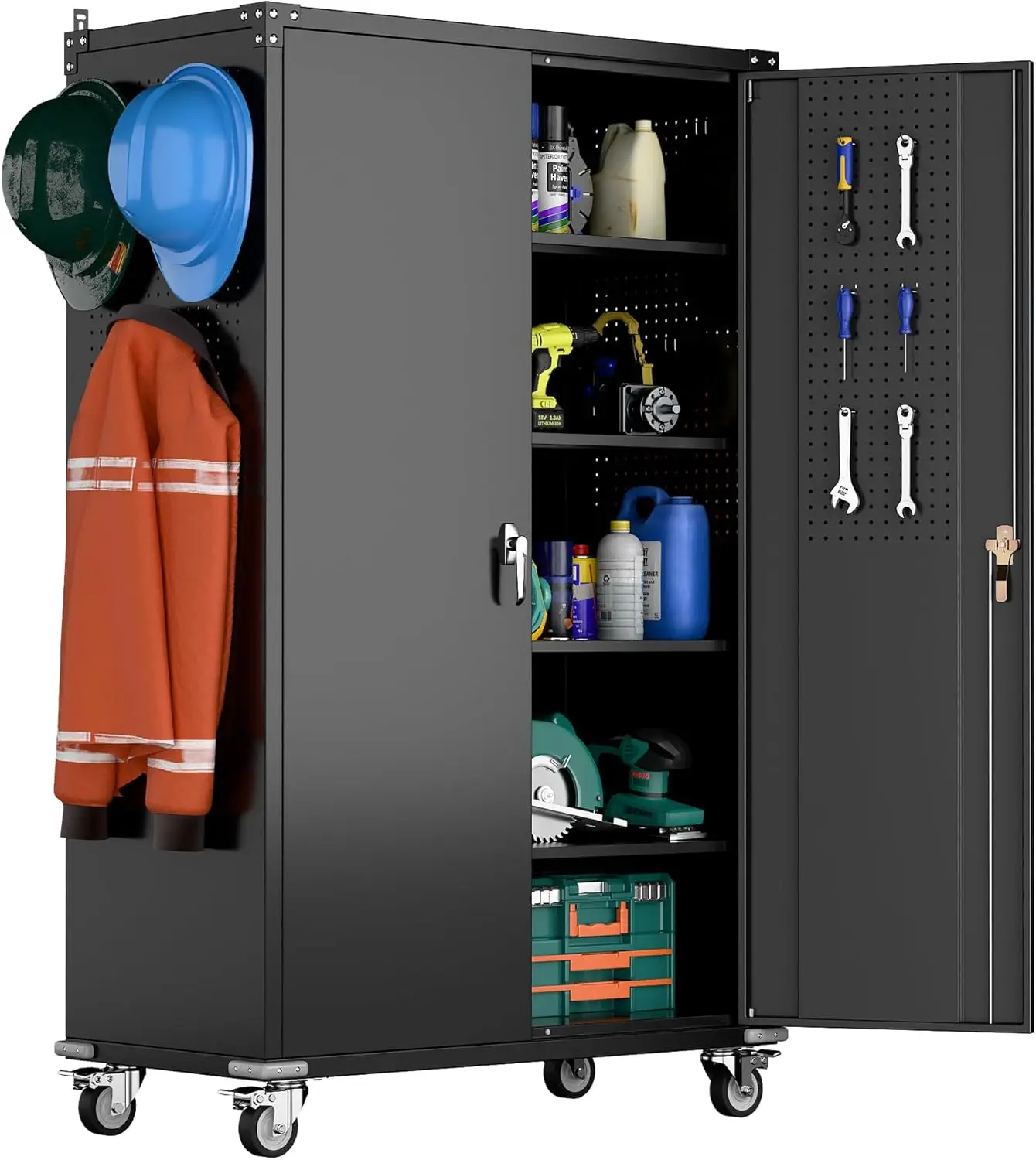 Extra Large Garage Storage Cabinet on Wheels, Metal Storage Cabinet with 4 Shelves, 3 Pegboards and 2 Tool Pouches for Ho