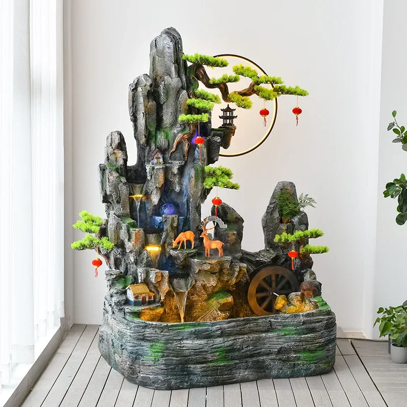 Large rockery, circulating water, generating wealth, fountain, fish pond ornament, balcony company, courtyard landscape,