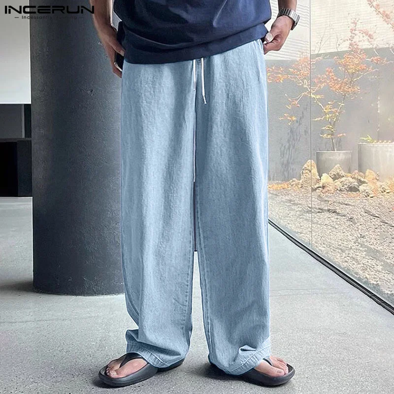 

INCERUN 2024 Korean Style Trousers Men's Elastic Waistband Pleated Straight Leg Pants Casual Solid Drawstring Wide Leg Pantalons